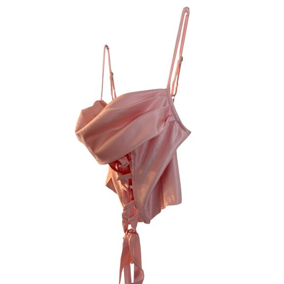 NWT PRETTYLITTLETHING Blush Satin Draped Bust Lace Up Top Size Small Pink - Picture 2 of 6